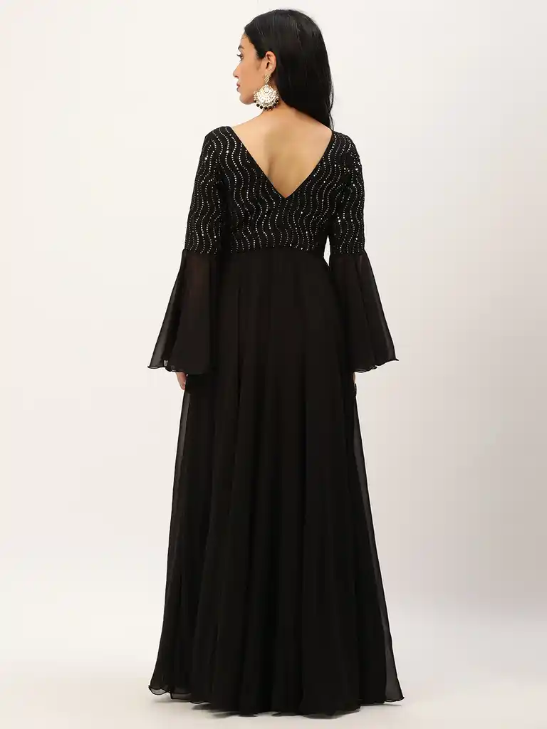 Bollywood Vogue Ready To Wear Black Bell Sleeves Embroidered Gown - Image 7