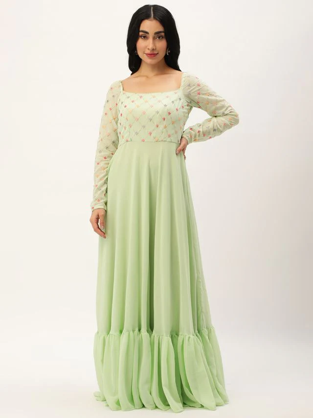 Bollywood Vogue Ready To Wear Green Georgette Embroidery Gown
