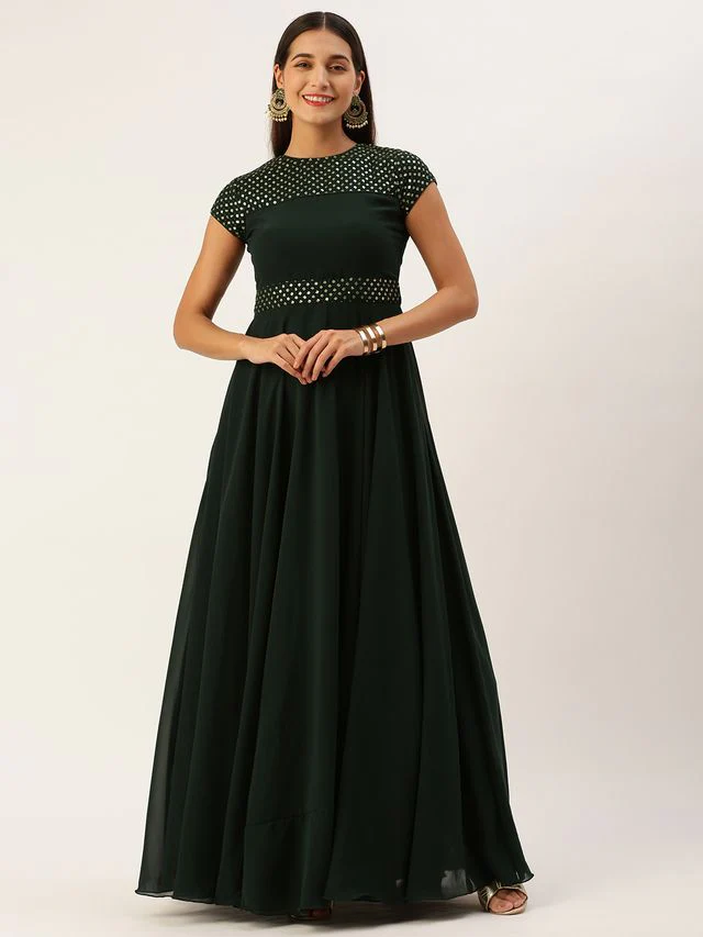 Bollywood Vogue Ready To Wear Green Georgette Embroidered Flared Gown - Image 3