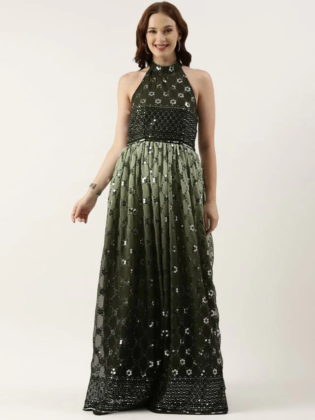 Bollywood Vogue Ready To Wear Green Georgette Embroidered Halter Neck Gown