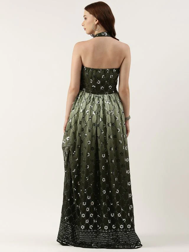 Bollywood Vogue Ready To Wear Green Georgette Embroidered Halter Neck Gown - Image 6