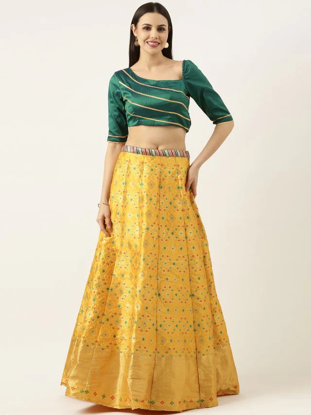 Bollywood Vogue Ready To Wear Green N Yellow Jacquard Skirt Set