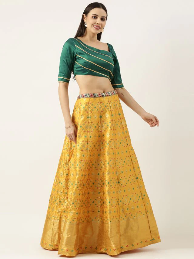 Bollywood Vogue Ready To Wear Green N Yellow Jacquard Skirt Set - Image 2