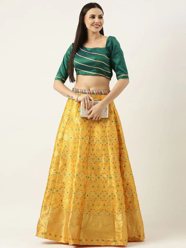Bollywood Vogue Ready To Wear Green N Yellow Jacquard Skirt Set - Image 3