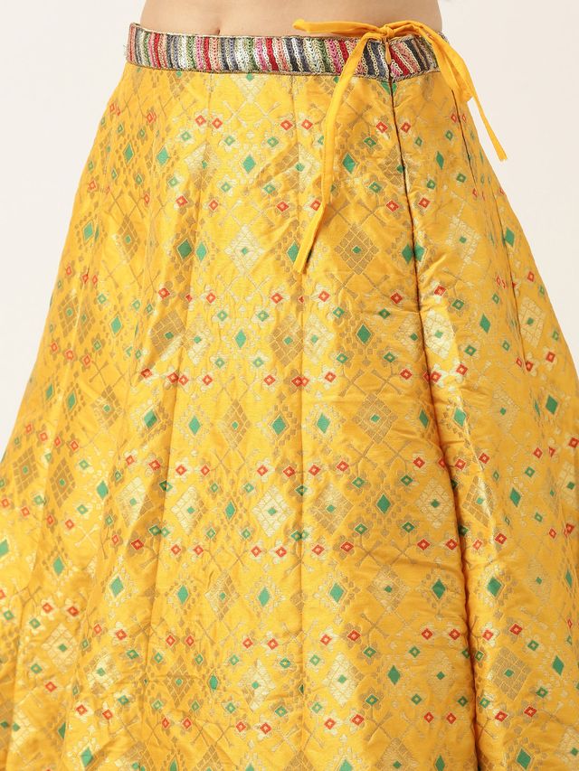 Bollywood Vogue Ready To Wear Green N Yellow Jacquard Skirt Set - Image 4