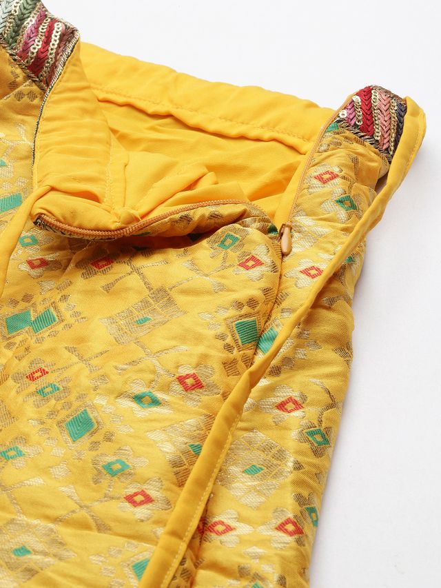 Bollywood Vogue Ready To Wear Green N Yellow Jacquard Skirt Set - Image 5