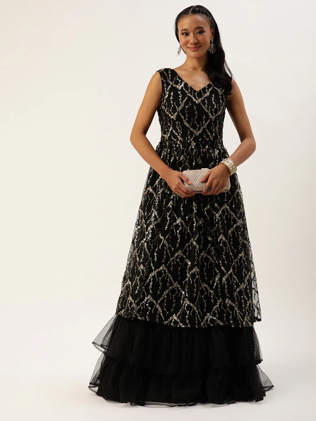 Bollywood Vogue Ready To Wear Black Net Embroidered V Neck Gown