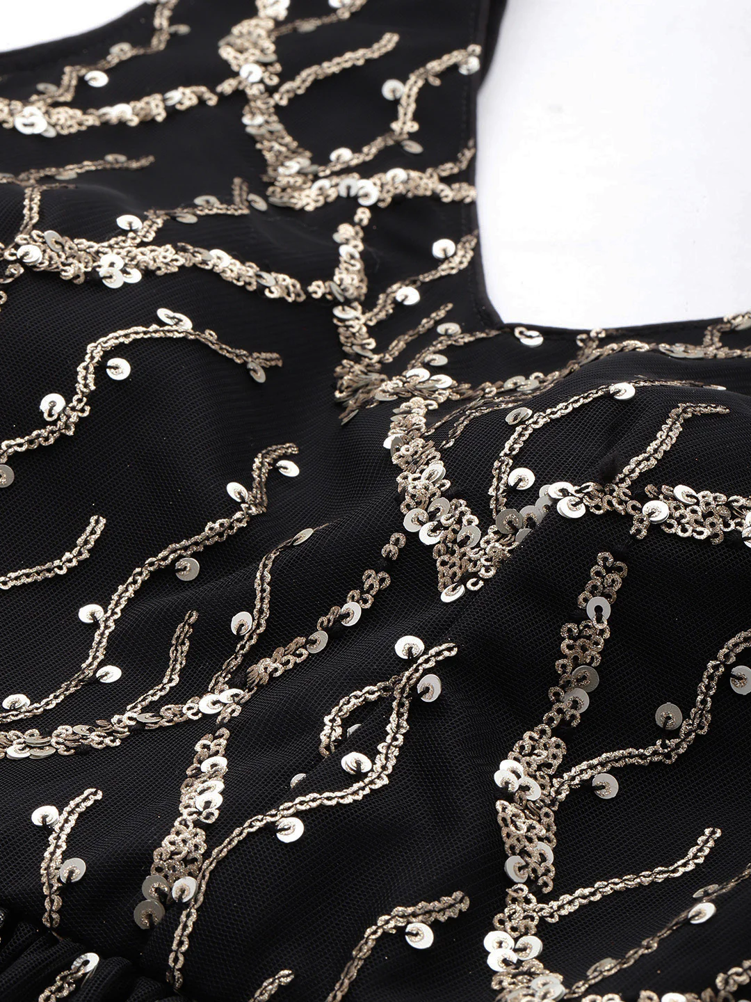 Bollywood Vogue Ready To Wear Black Net Embroidered V Neck Gown - Image 6