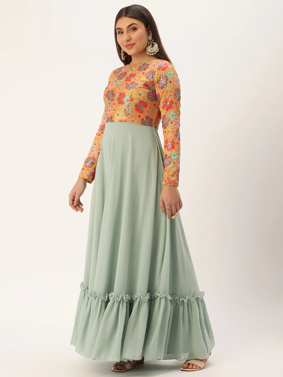 Bollywood Vogue Ready To Wear Multicolored Embroidered N Green Georgette Gown - Image 2