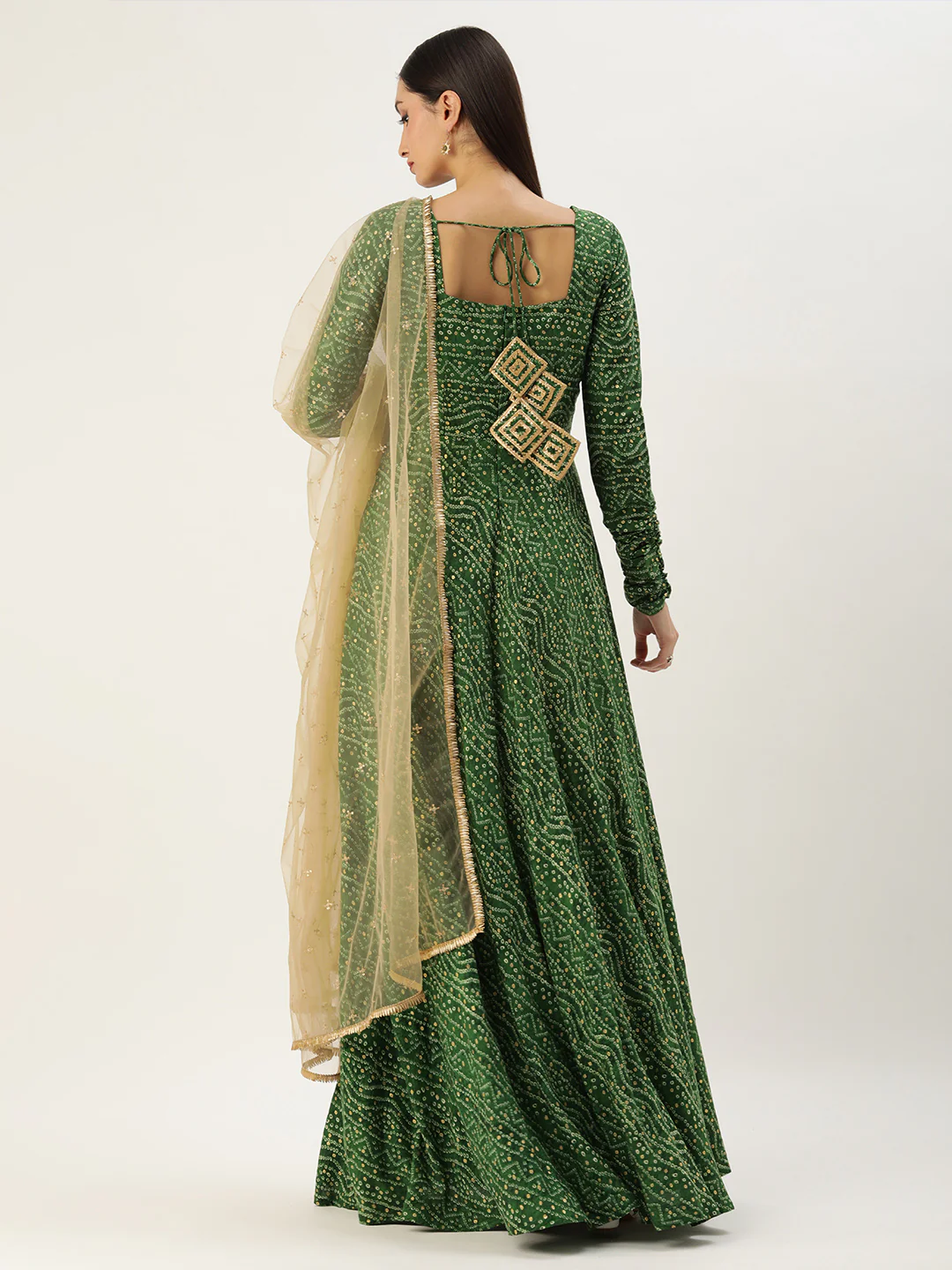 Bollywood Vogue Ready To Wear Green Bandhani Printed Rayon Gown With Dupatta Set - Image 3