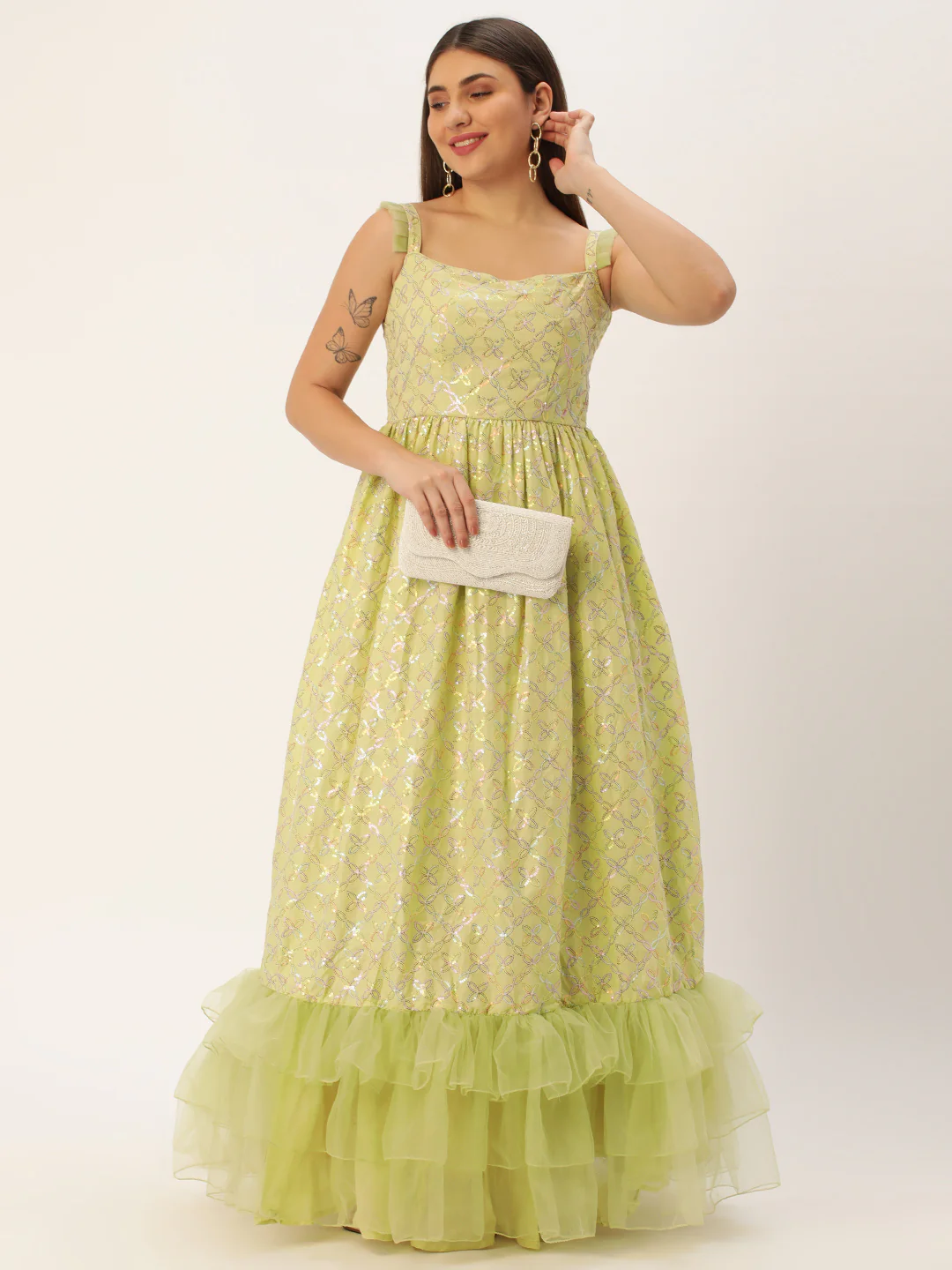 Bollywood Vogue Ready To Wear Green Cotton Sequins Embroidered Gown