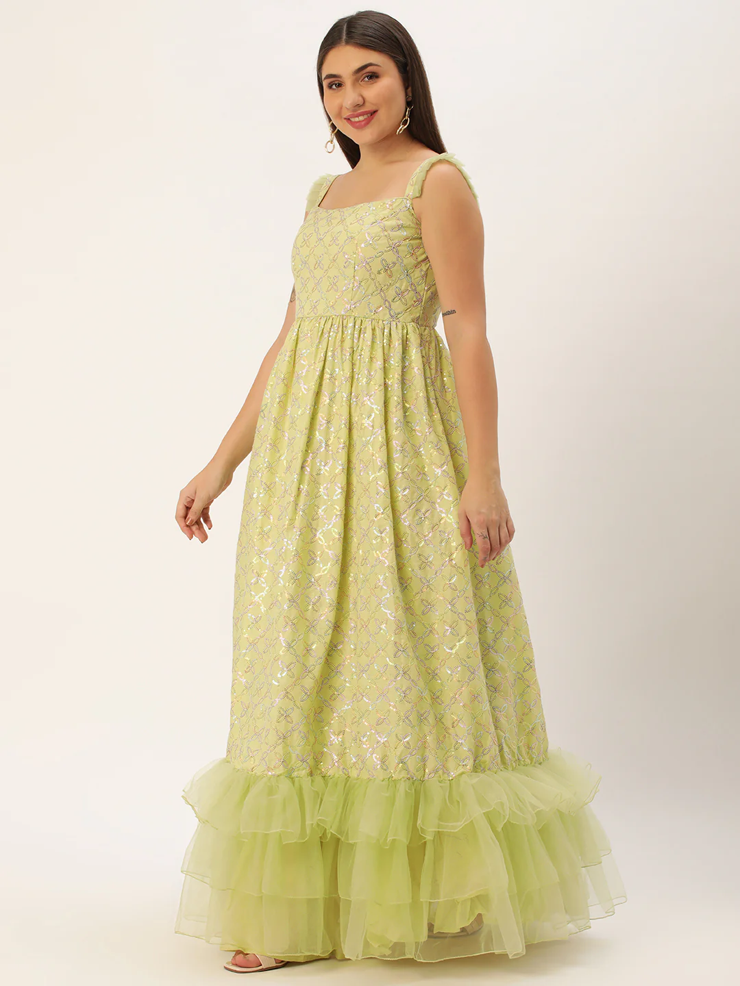 Bollywood Vogue Ready To Wear Green Cotton Sequins Embroidered Gown - Image 3