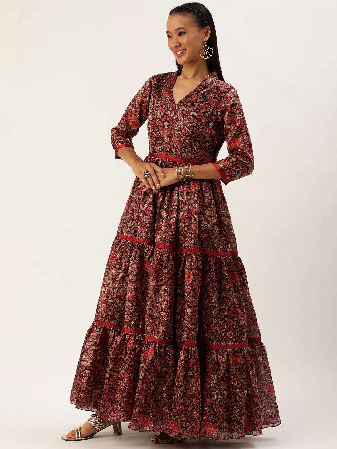 Bollywood Vogue Ready To Wear Multicolor Printed Tiered Gathered Style Gown - Image 3