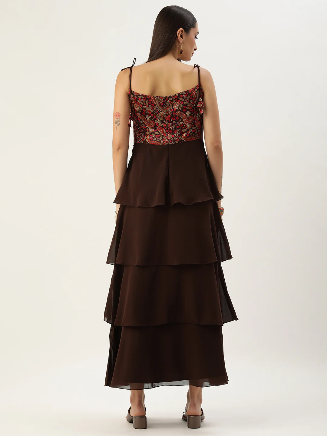 Bollywood Vogue Ready To Wear Multicolored Art Silk Printed N Brown Layered Dress - Image 2