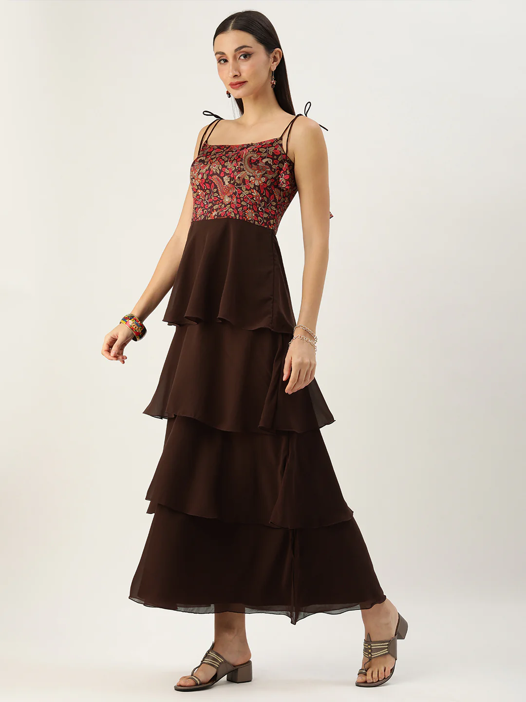 Bollywood Vogue Ready To Wear Multicolored Art Silk Printed N Brown Layered Dress - Image 3