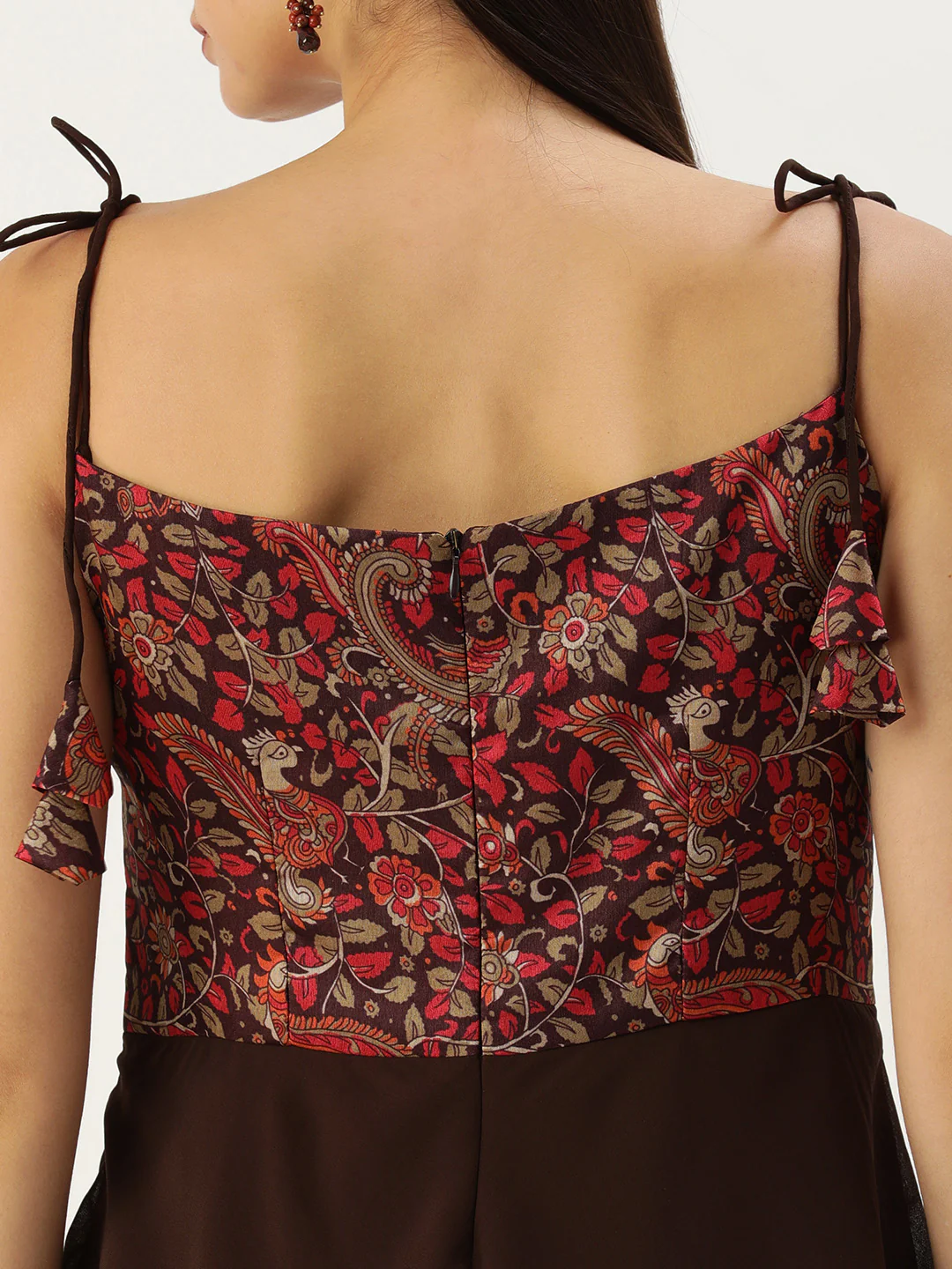 Bollywood Vogue Ready To Wear Multicolored Art Silk Printed N Brown Layered Dress - Image 4