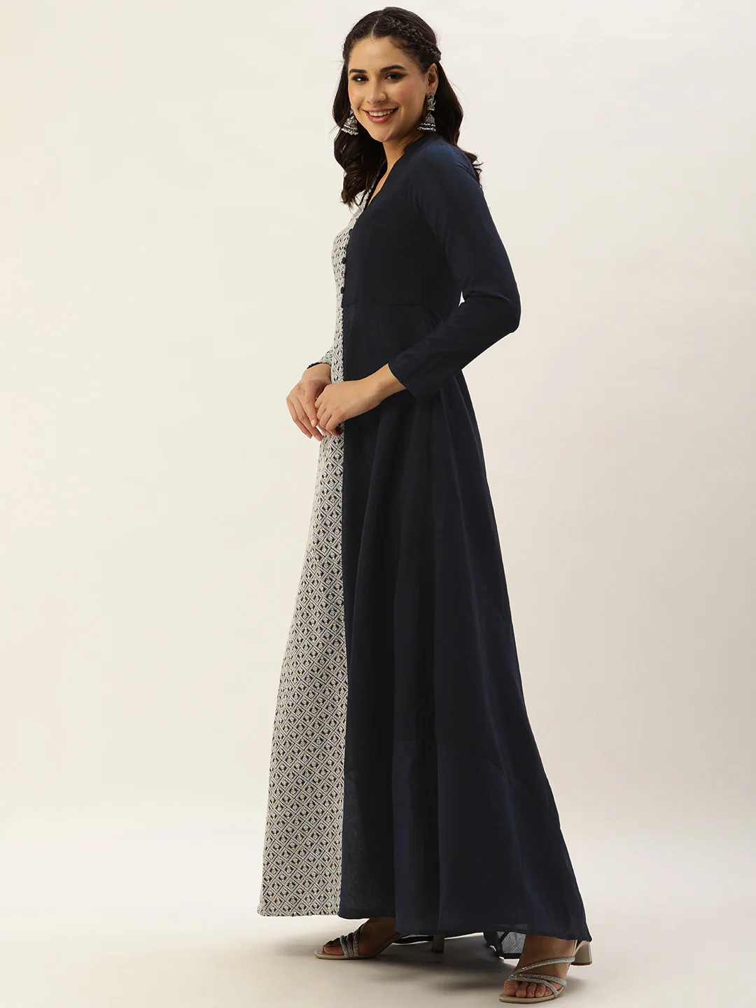 Bollywood Vogue Ready To Wear Blue Embroidered Art Silk Half N Half Gown - Image 3