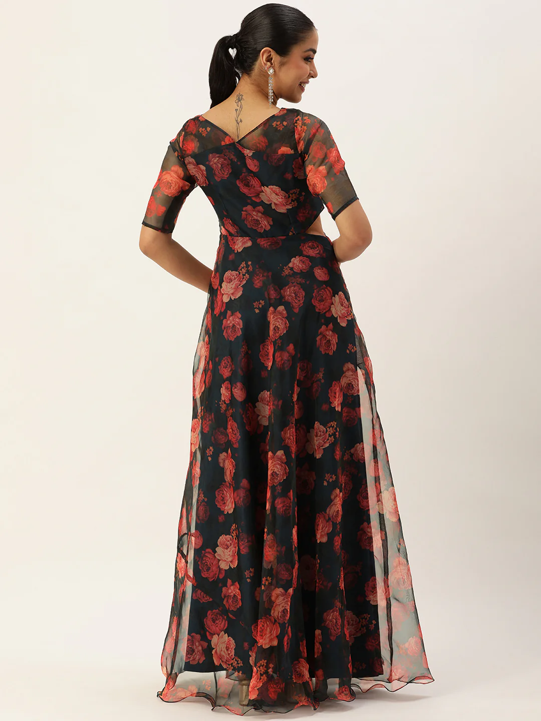 Bollywood Vogue Ready To Wear Blue Digital Printed Organza Gown - Image 2