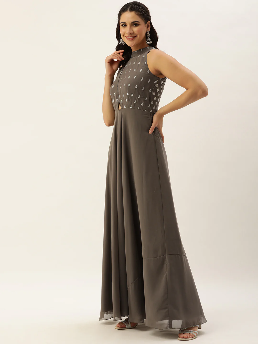 Bollywood Vogue Ready To Wear Grey Embroidered Halter Neck Gown - Image 3