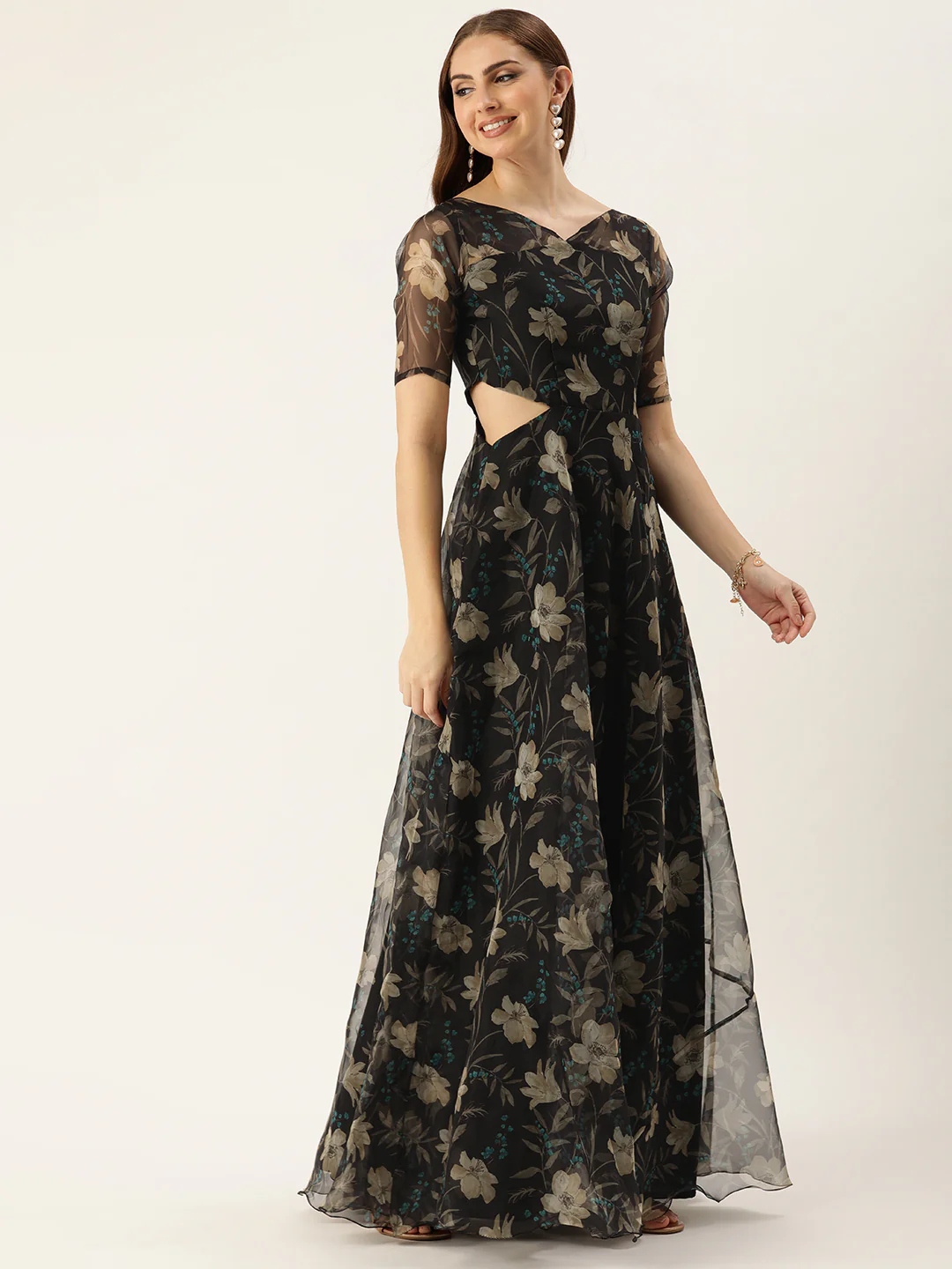 Bollywood Vogue Ready To Wear Black Digital Printed Organza Gown - Image 3