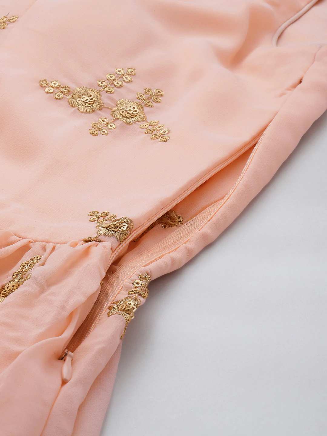 Bollywood Vogue Ready To Wear Peach Embroidered Pleated Georgette Gown - Image 5