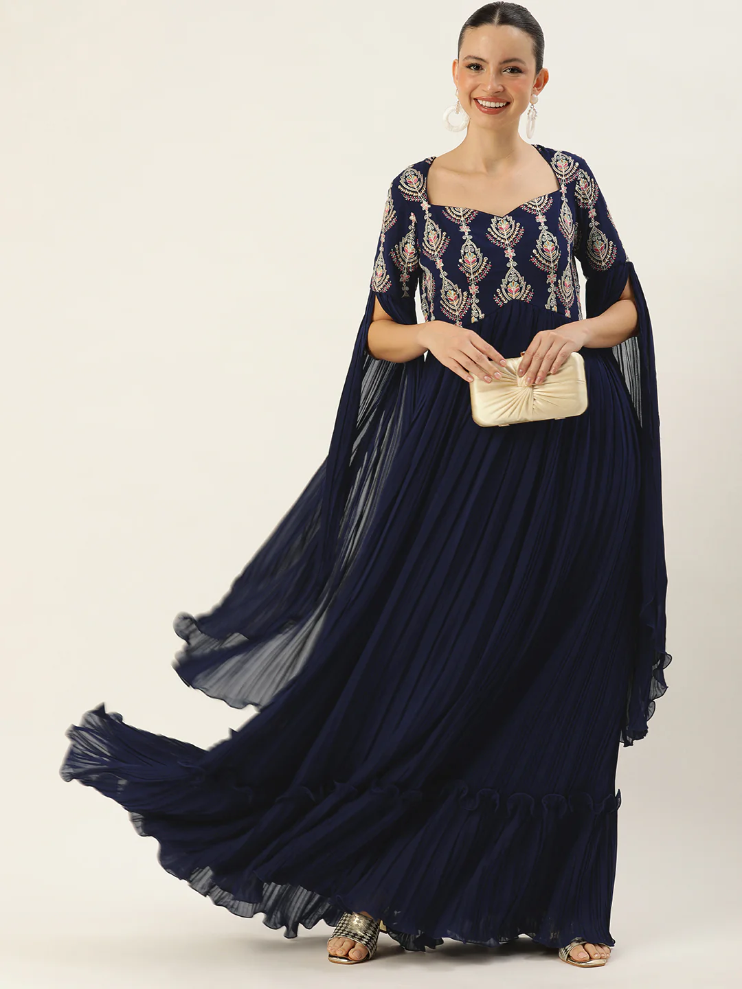 Bollywood Vogue Ready To Wear Navy Blue Embroidered Pleated Georgette Gown