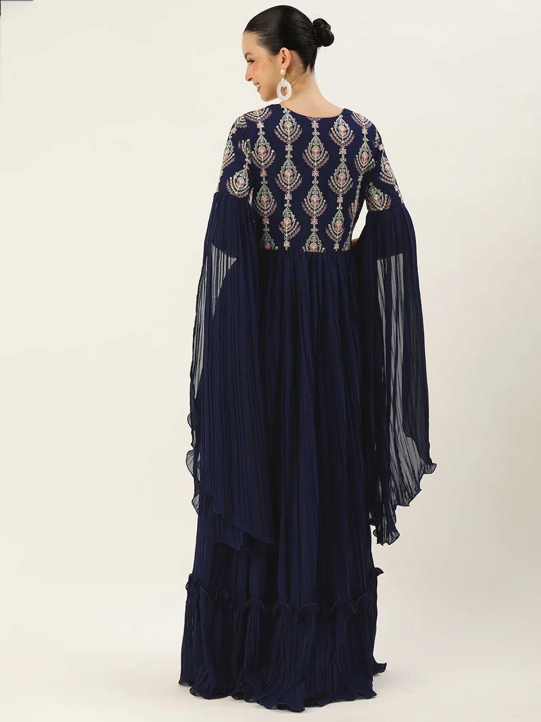 Bollywood Vogue Ready To Wear Navy Blue Embroidered Pleated Georgette Gown - Image 2