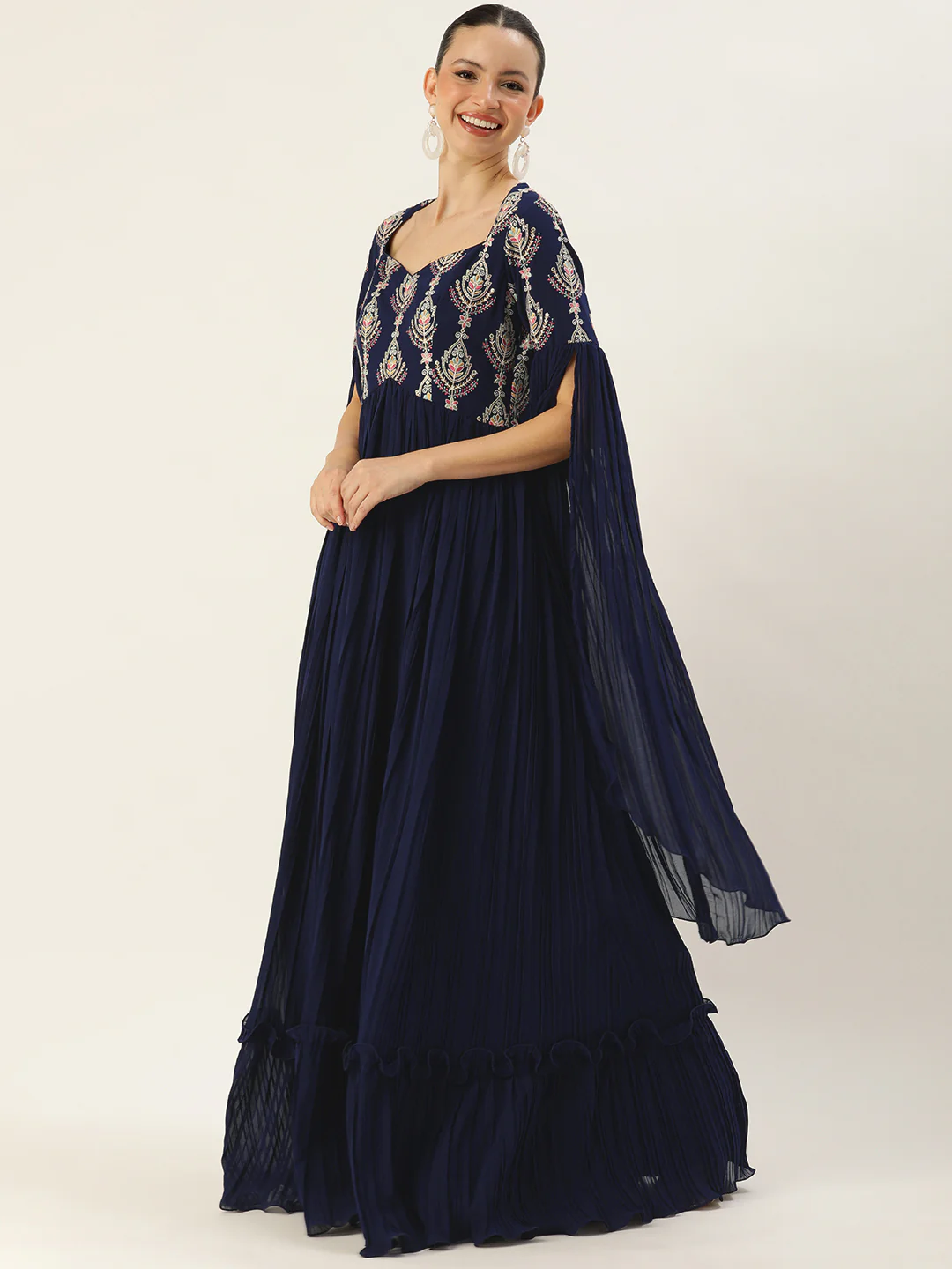 Bollywood Vogue Ready To Wear Navy Blue Embroidered Pleated Georgette Gown - Image 3