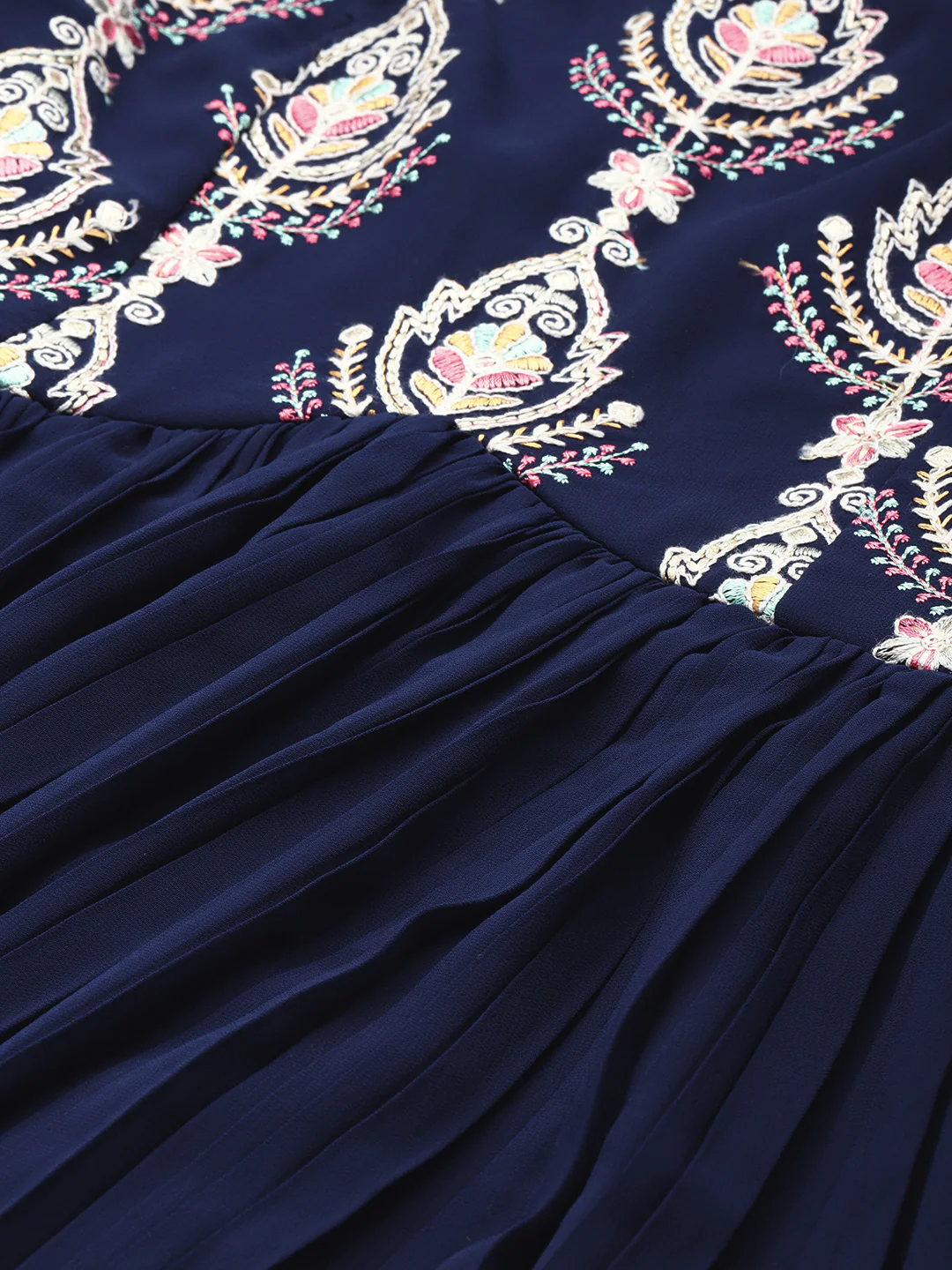 Bollywood Vogue Ready To Wear Navy Blue Embroidered Pleated Georgette Gown - Image 6