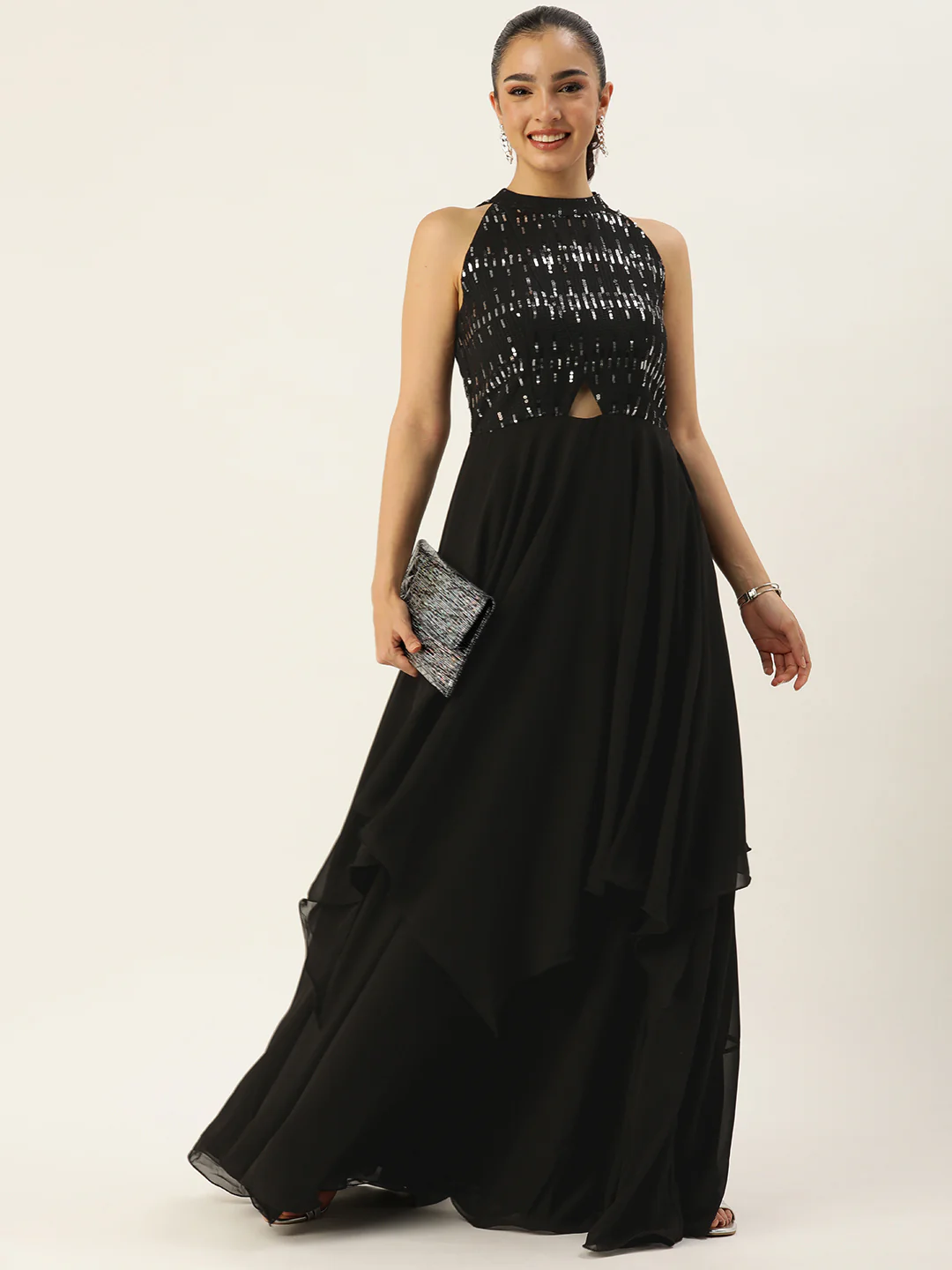 Bollywood Vogue Ready To Wear Black Embroidered Halter Neck Gown