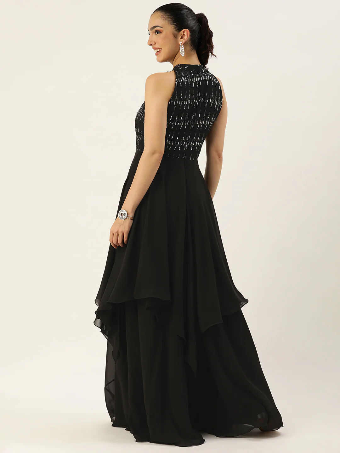 Bollywood Vogue Ready To Wear Black Embroidered Halter Neck Gown - Image 2