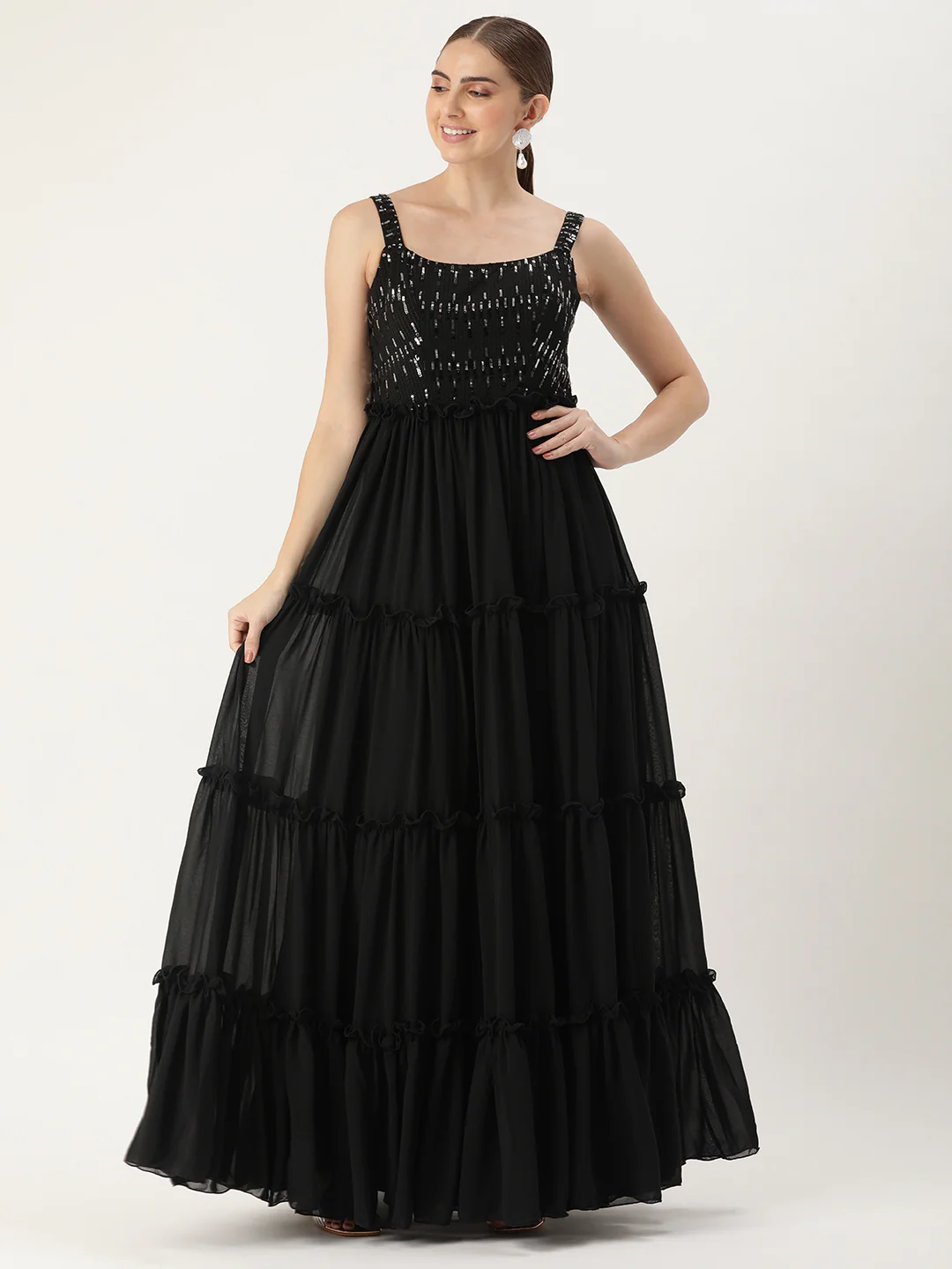 Bollywood Vogue Ready To Wear Black Georgette Sequins Gown - Image 4