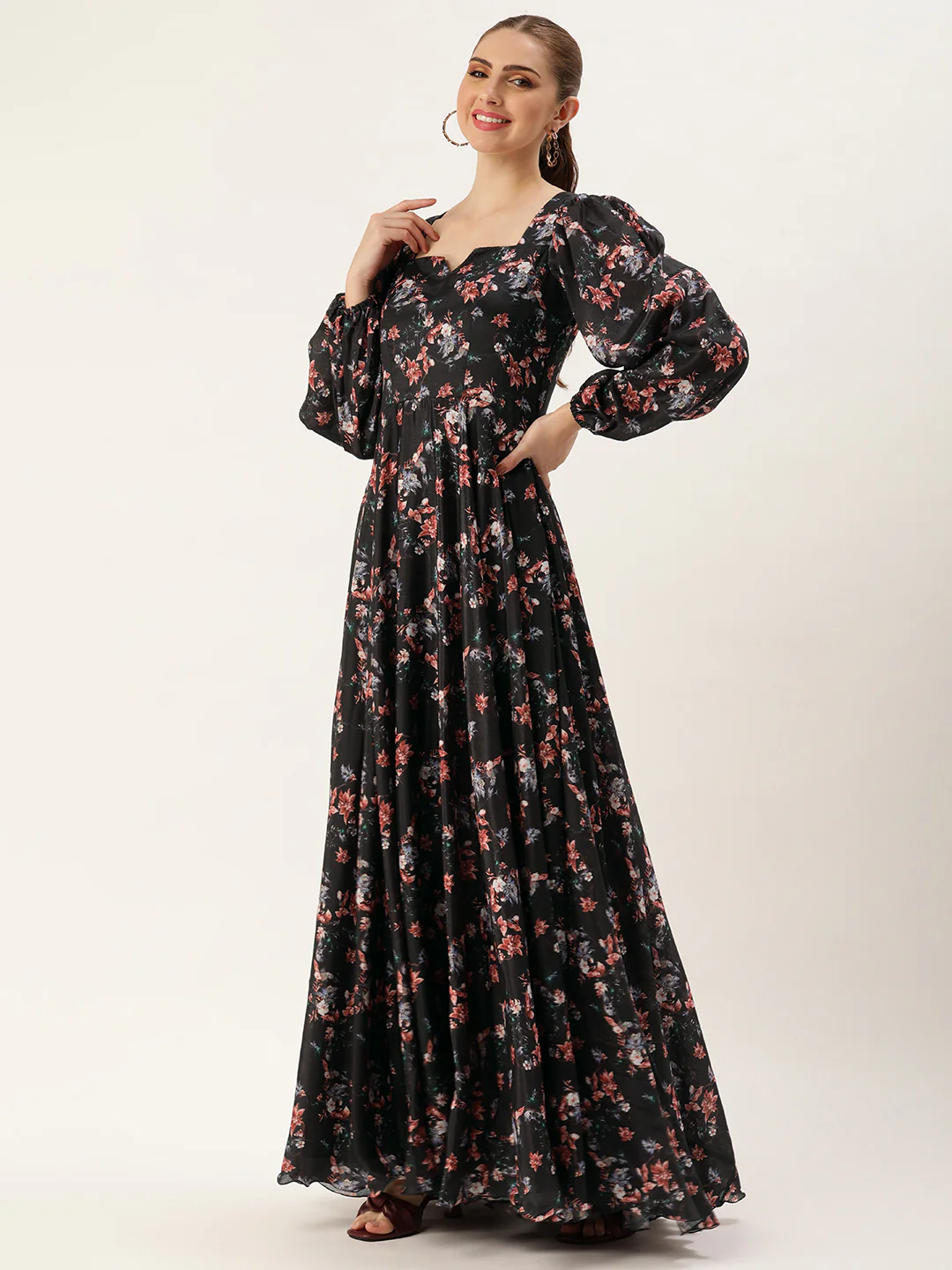 Bollywood Vogue Ready To Wear Black Chinon Digital Printed Gown - Image 3
