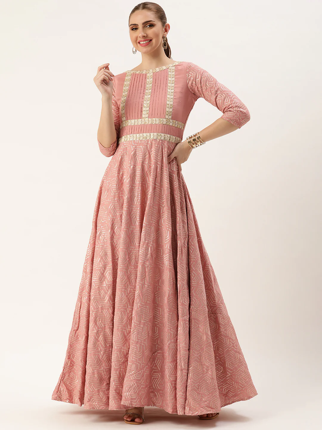 Bollywood Vogue Ready To Wear Mauve Sequins Embroidered Pleated Gown