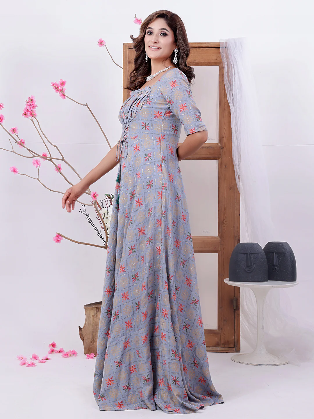 Bollywood Vogue Ready To Wear Blue Foil Print Floor Length Gown - Image 6