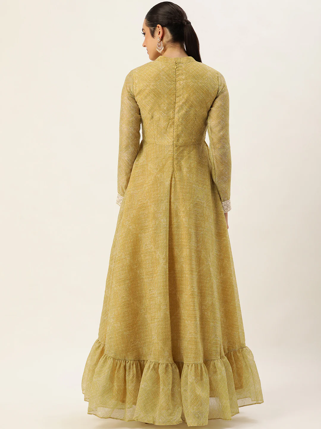 Bollywood Vogue Ready To Wear Green Cotton Silk Gown - Image 5