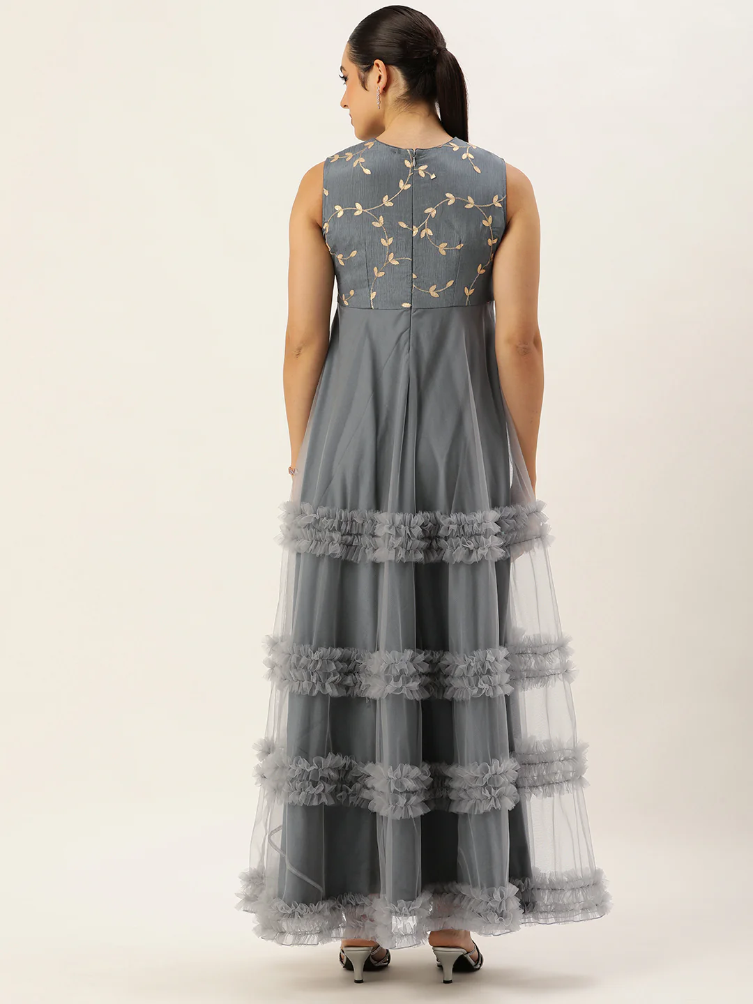 Bollywood Vogue Ready To Wear Grey Embroidered Chinon N Net Gown - Image 5
