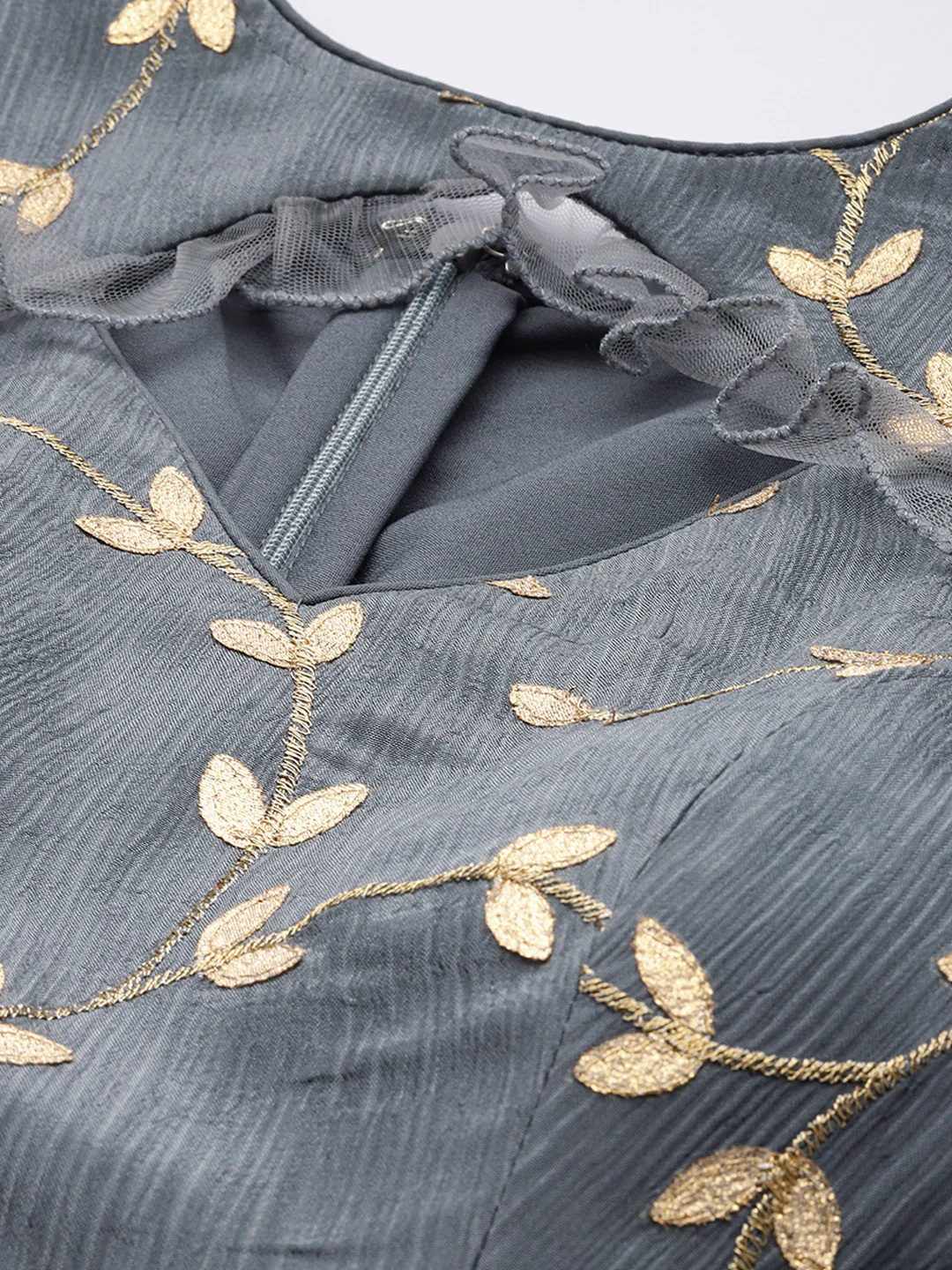 Bollywood Vogue Ready To Wear Grey Embroidered Chinon N Net Gown - Image 6