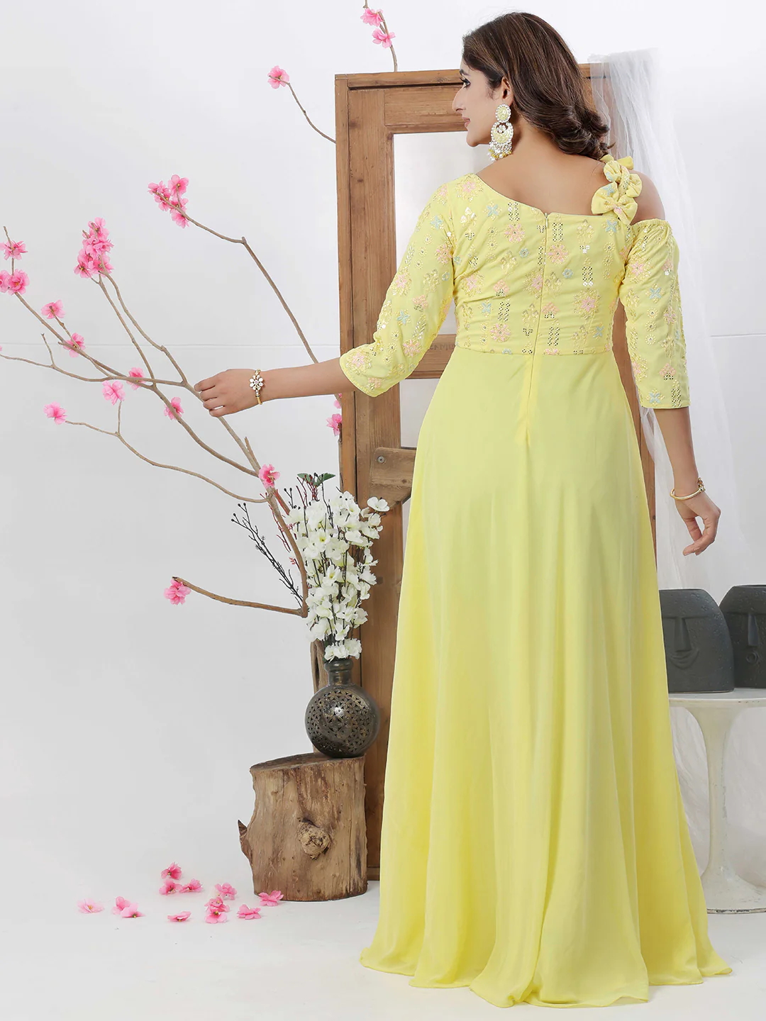Bollywood Vogue Ready To Wear Yellow Georgette One Shoulder Style Gown - Image 5