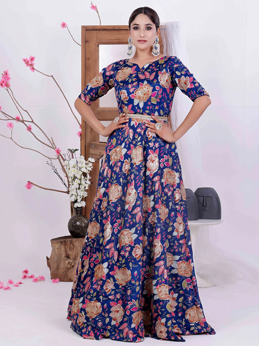 Bollywood Vogue Ready To Wear Blue Viscose Printed Gown