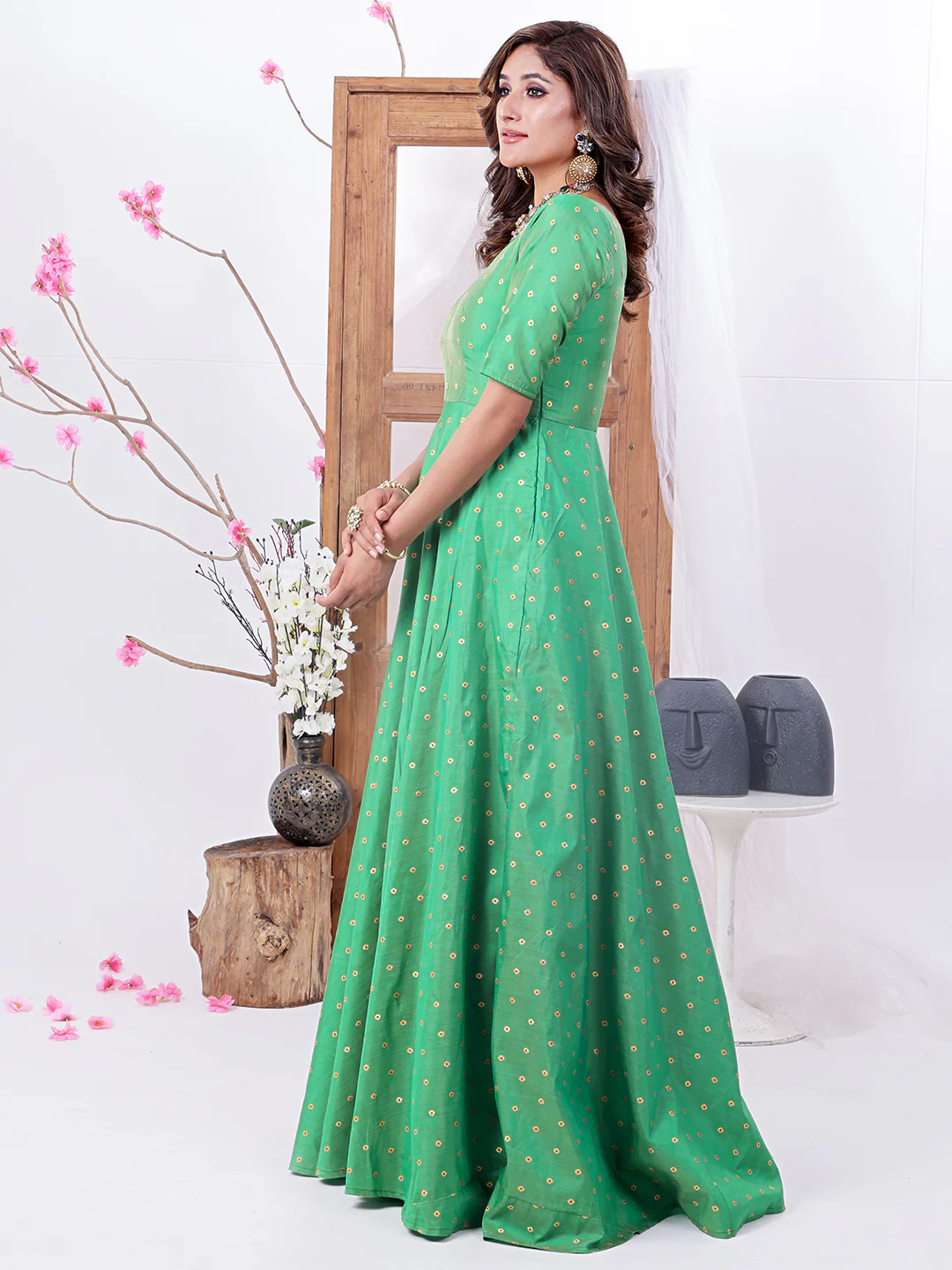 Bollywood Vogue Ready To Wear Green Taffeta Gown - Image 2