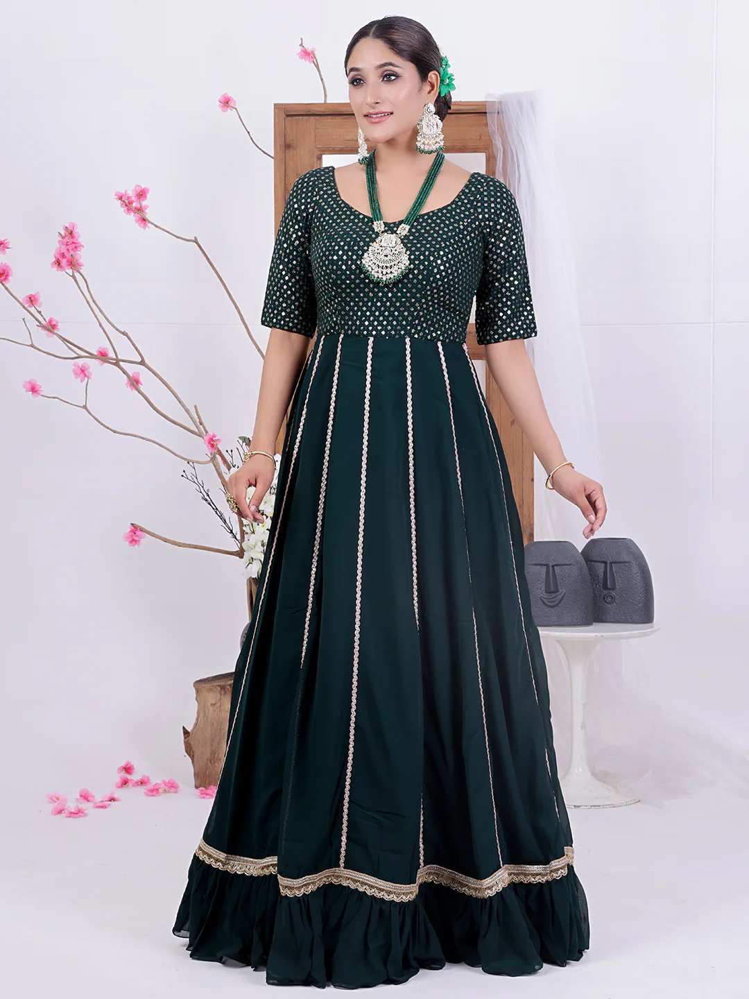 Bollywood Vogue Ready To Wear Green Embroidered Georgette Kali Gown