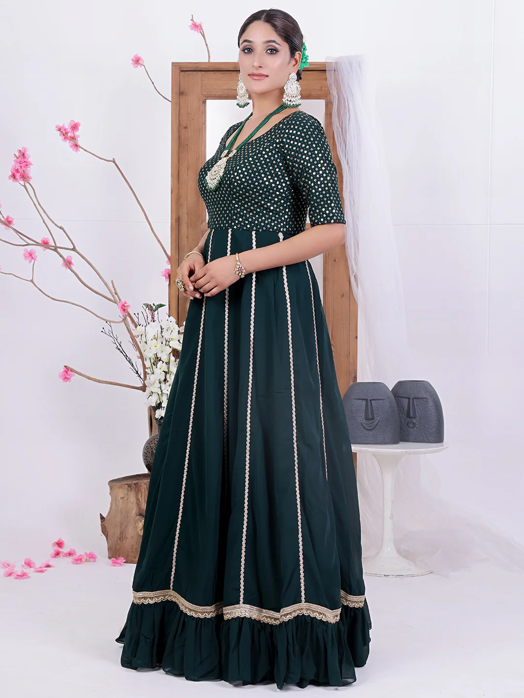 Bollywood Vogue Ready To Wear Green Embroidered Georgette Kali Gown - Image 2