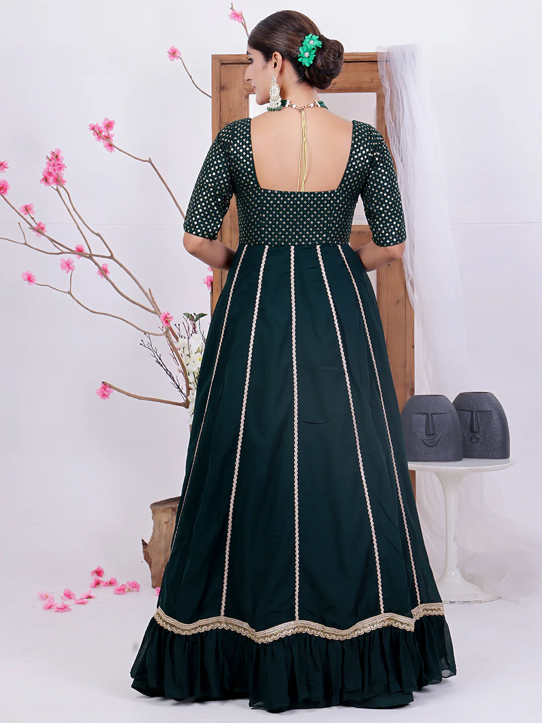 Bollywood Vogue Ready To Wear Green Embroidered Georgette Kali Gown - Image 4