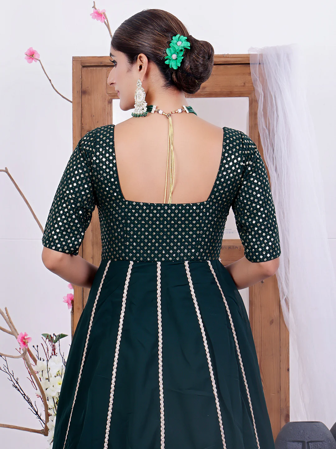 Bollywood Vogue Ready To Wear Green Embroidered Georgette Kali Gown - Image 5