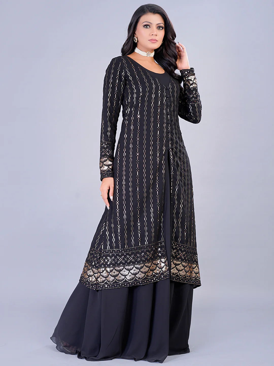 Bollywood Vogue Ready To Wear Embroidered Black Georgette Jacket Gown