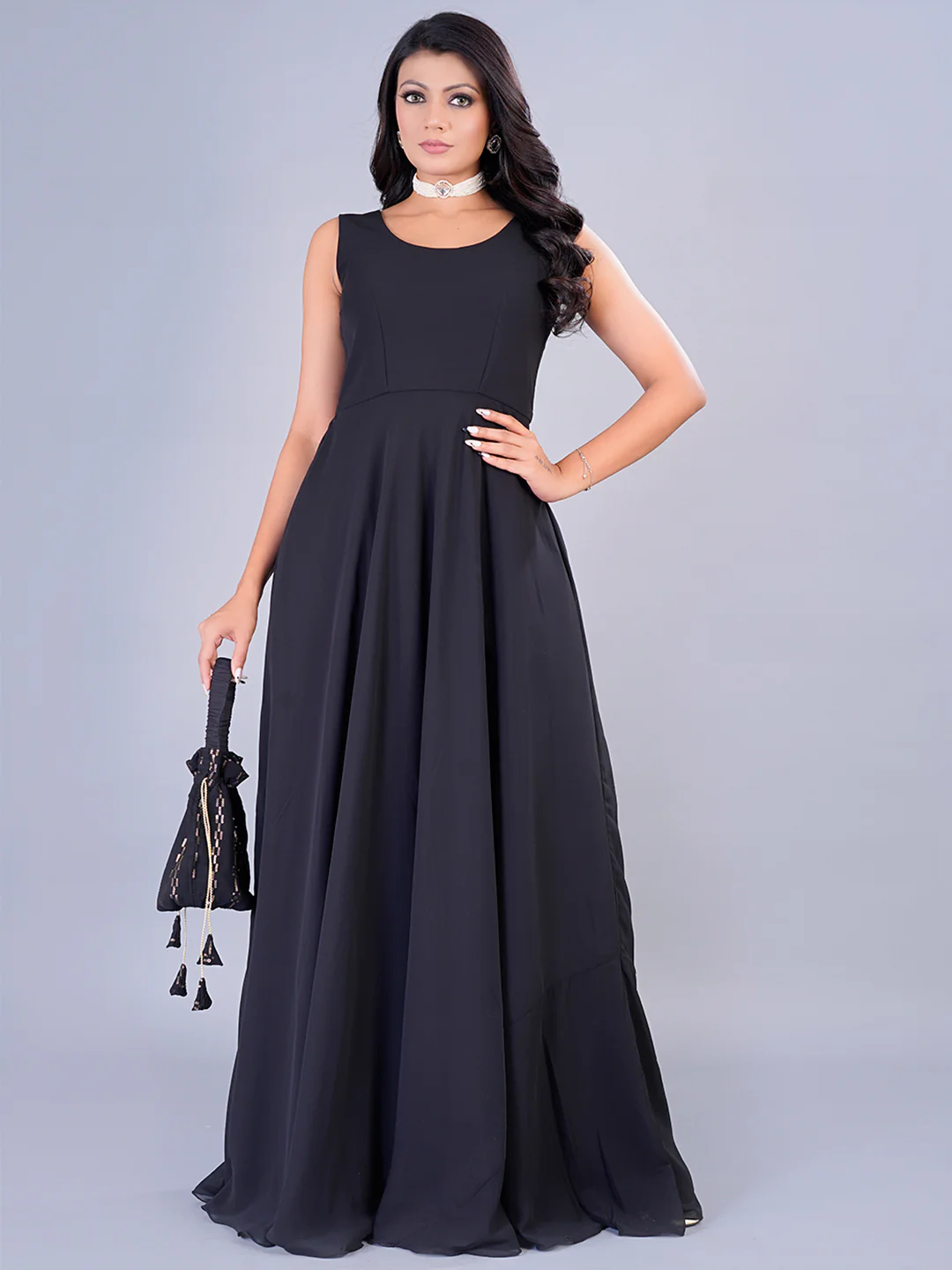 Bollywood Vogue Ready To Wear Embroidered Black Georgette Jacket Gown - Image 2