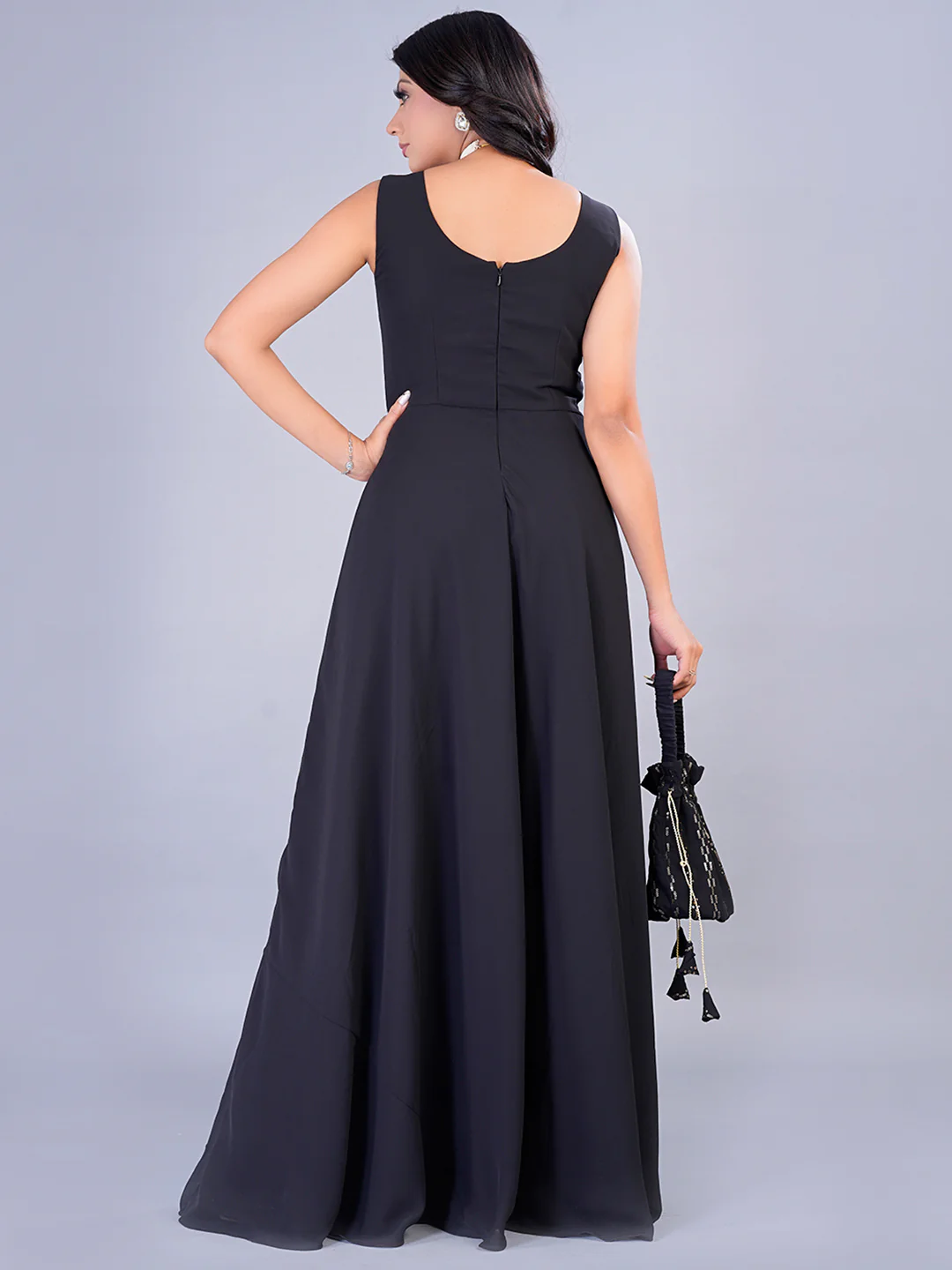 Bollywood Vogue Ready To Wear Embroidered Black Georgette Jacket Gown - Image 6