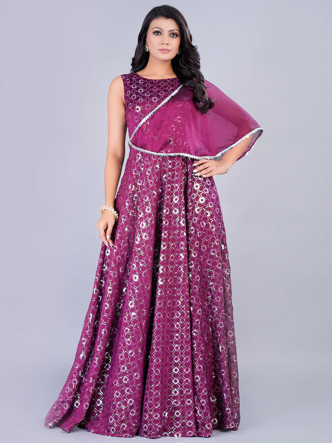 Bollywood Vogue Ready To Wear Wine Rangoli Embroidered Indo Western Gown