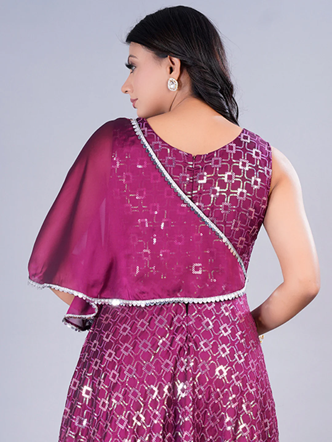 Bollywood Vogue Ready To Wear Wine Rangoli Embroidered Indo Western Gown - Image 6